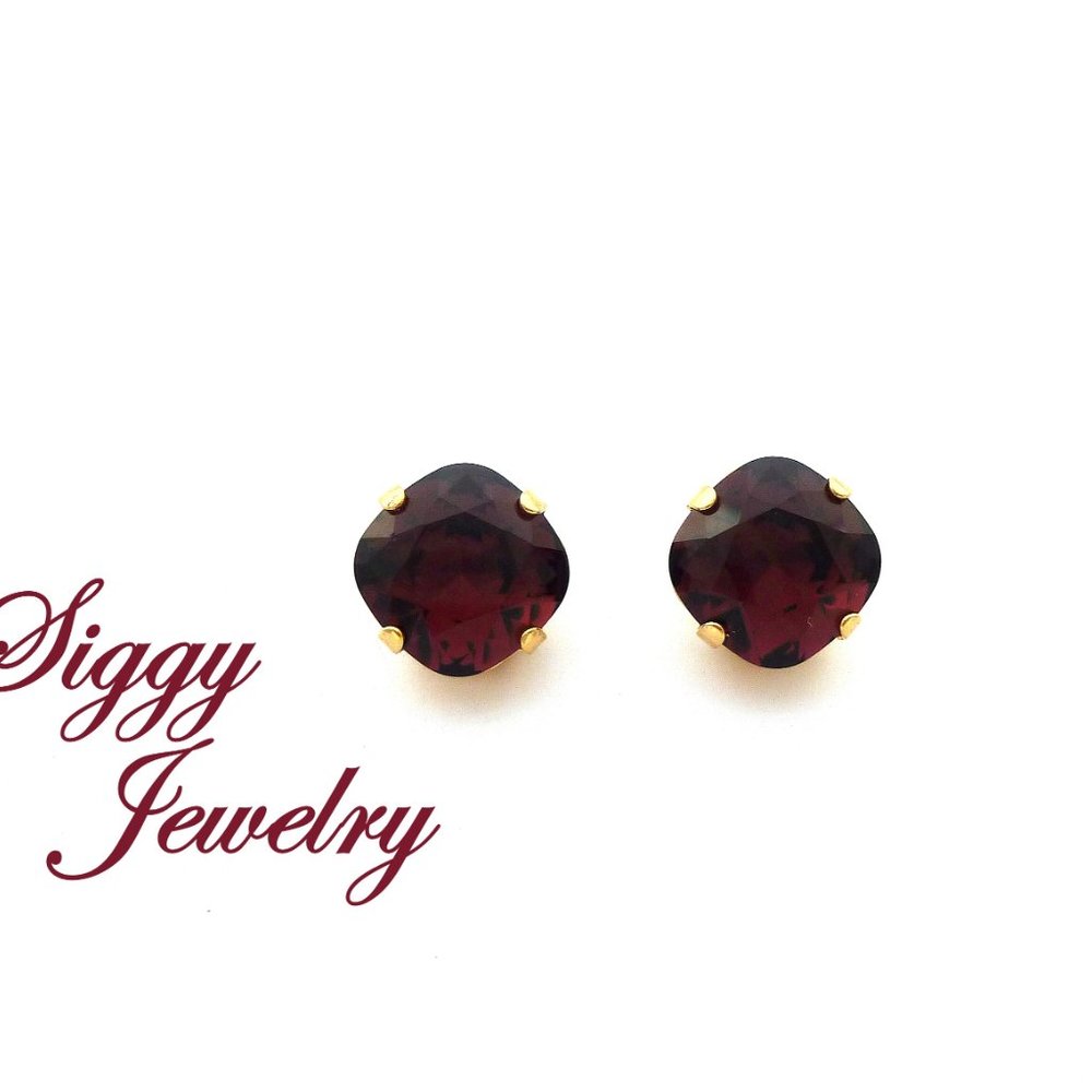 Swarovski Burgundy Cushion Cut Stud Earrings, 12mm - Picture 1 of 8